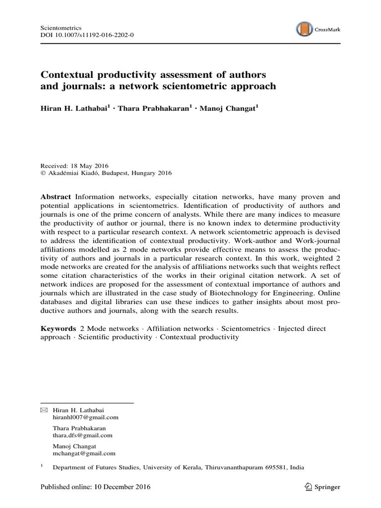 Contextual Productivity in Scientometrics | PDF | Mathematical ...