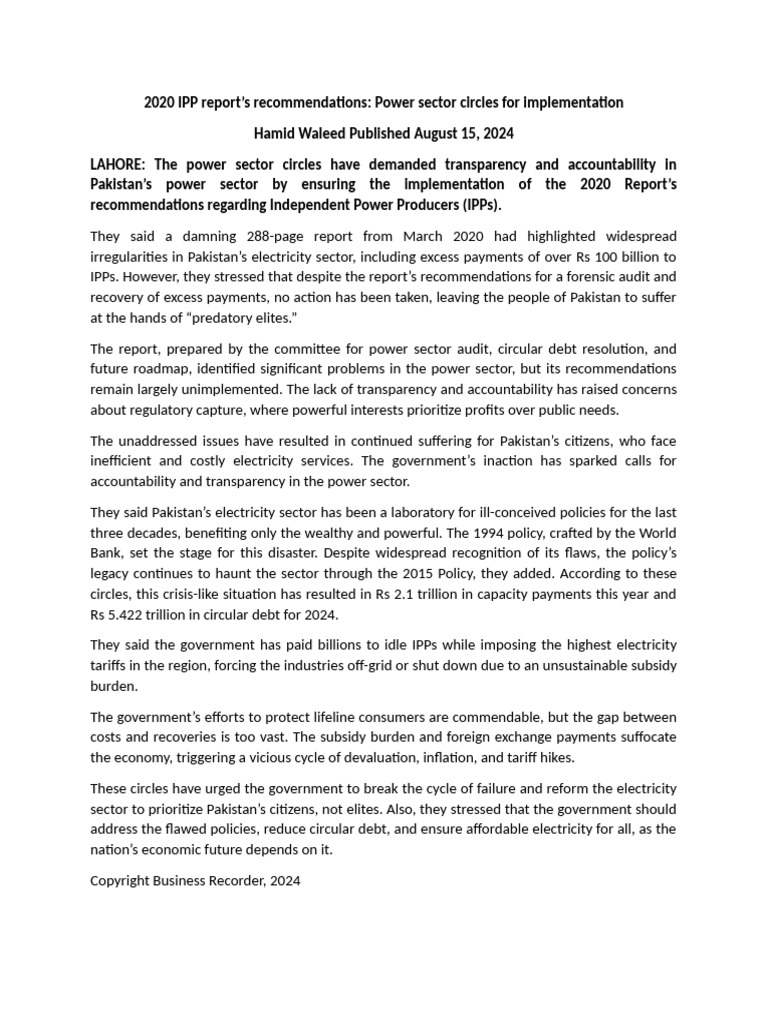 2020 IPP Report: Power Sector Reforms Needed | PDF | Subsidy | Policy