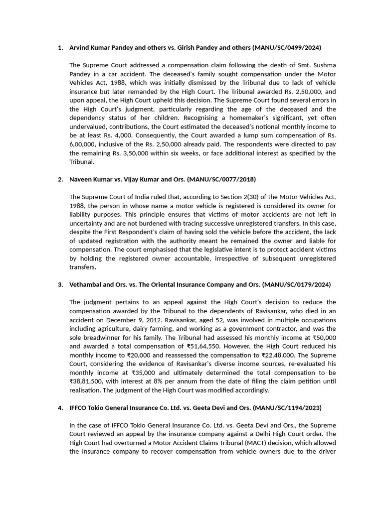 Supreme Court Rulings on MACT Compensation | PDF | Insurance | Supreme ...