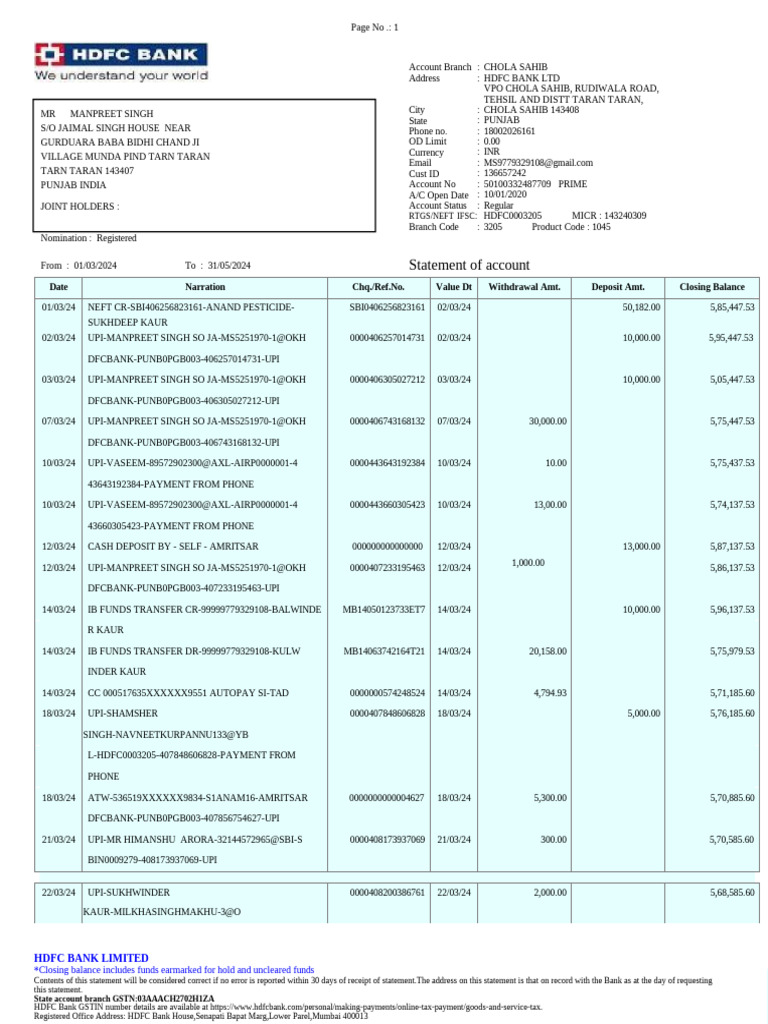 HDFC Bank Account Statement Summary | PDF | Banks | Banking