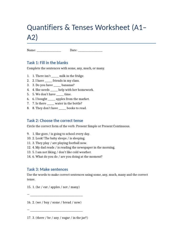 Quantifiers and Tenses Worksheet | PDF