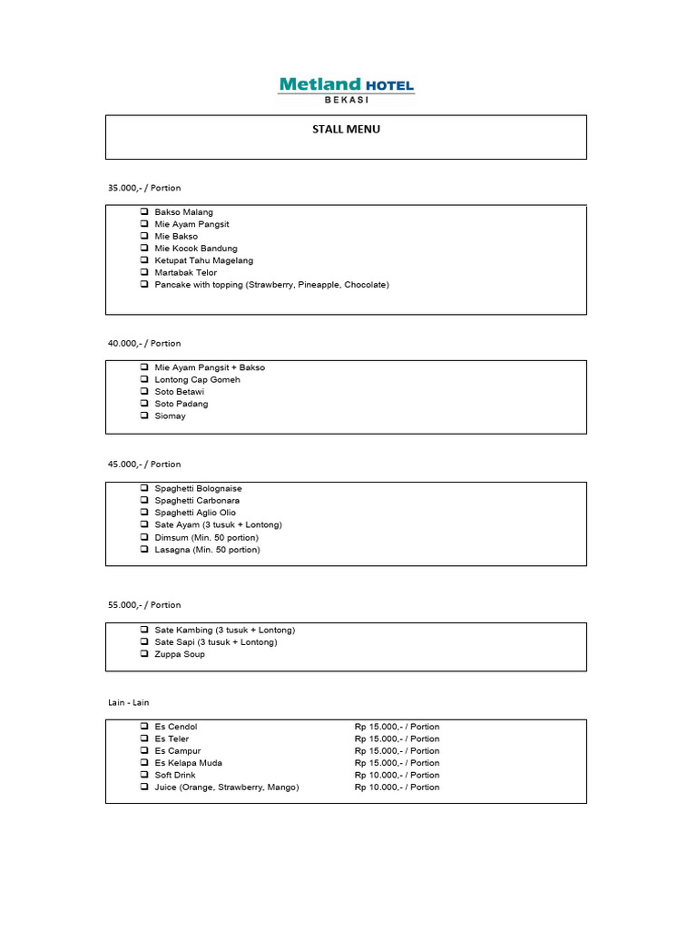 Diverse Stall Menu with Pricing Options | PDF
