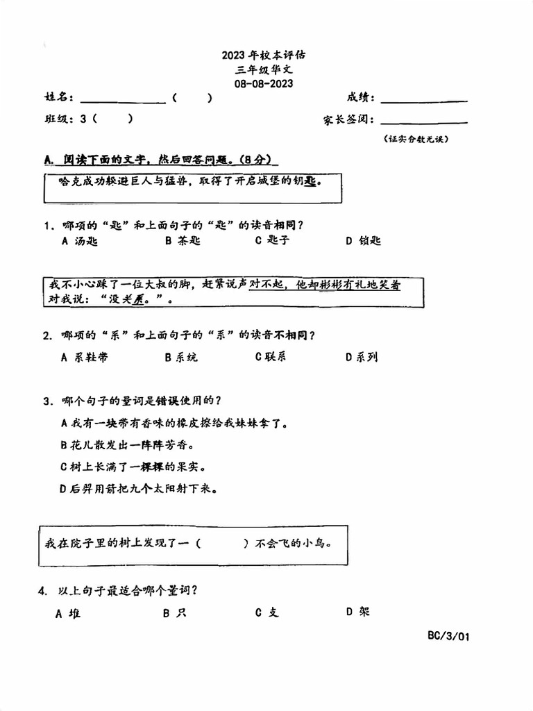 2023年3级华文年中校本评估 | PDF
