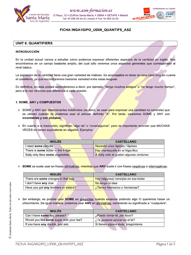A1 - Unidad 06 Quantifiers | PDF