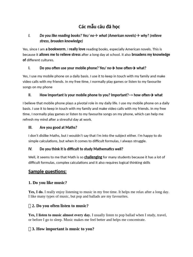 Essential Speaking Questions for IELTS | PDF | Singing | Mathematics