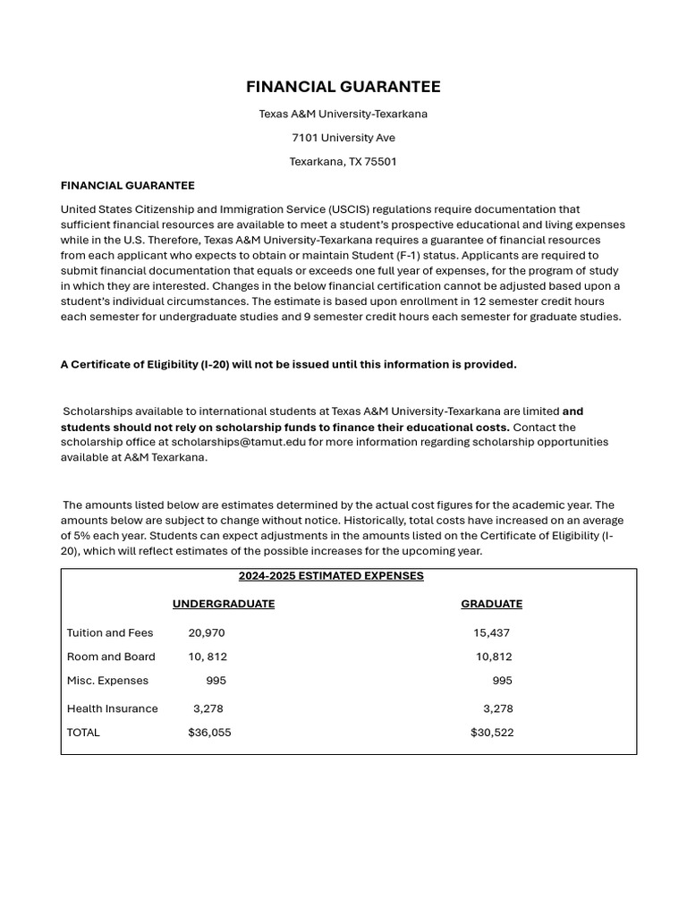 Financial Guarantee for TAMUT Students | PDF | United States ...