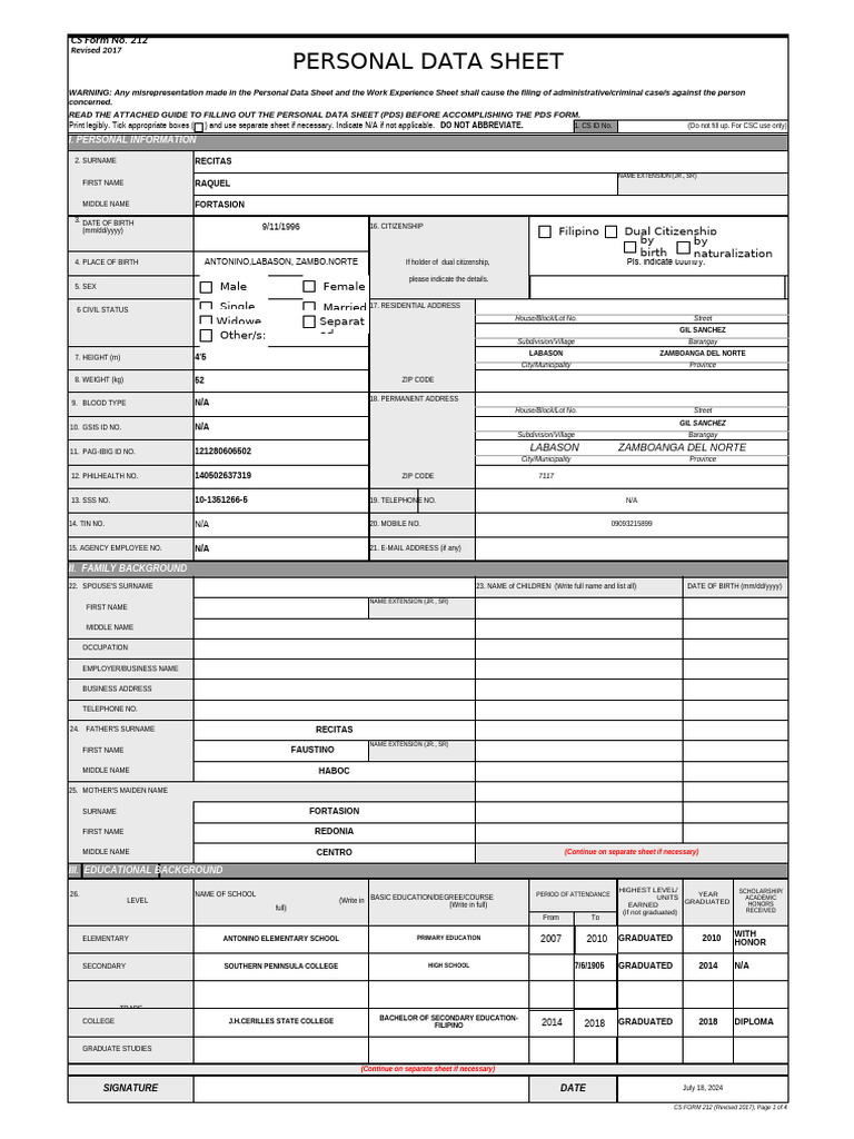 Personal Data Sheet Sample 2025 | PDF | Passport