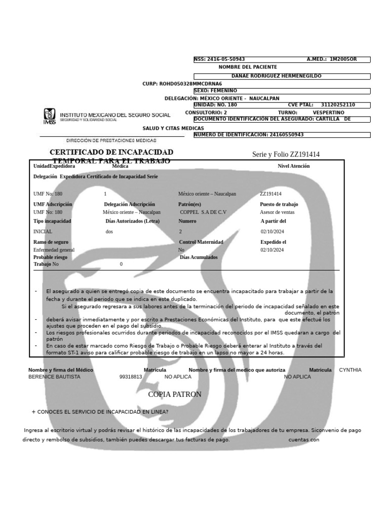 1 Incapacidad Patron 1 | PDF | Cuidado de la salud