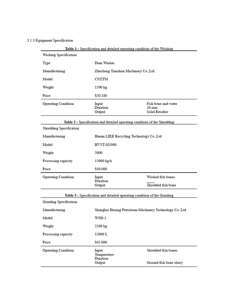 Equipment Specification | PDF | Materials | Mechanical Engineering