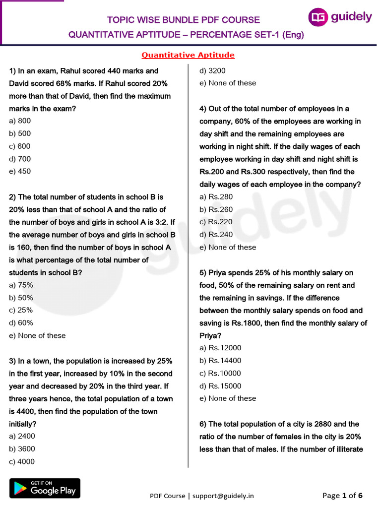 Quantitative Aptitude Percentage Questions | PDF