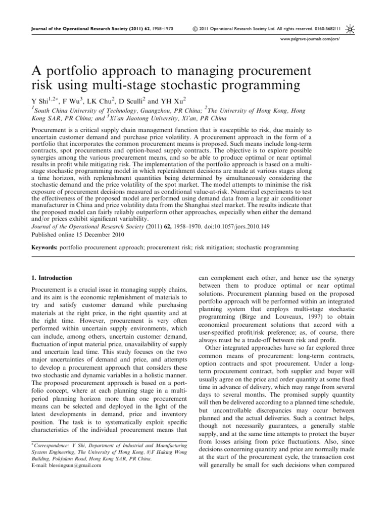 Managing Procurement Risk with Stochastic Programming | PDF ...