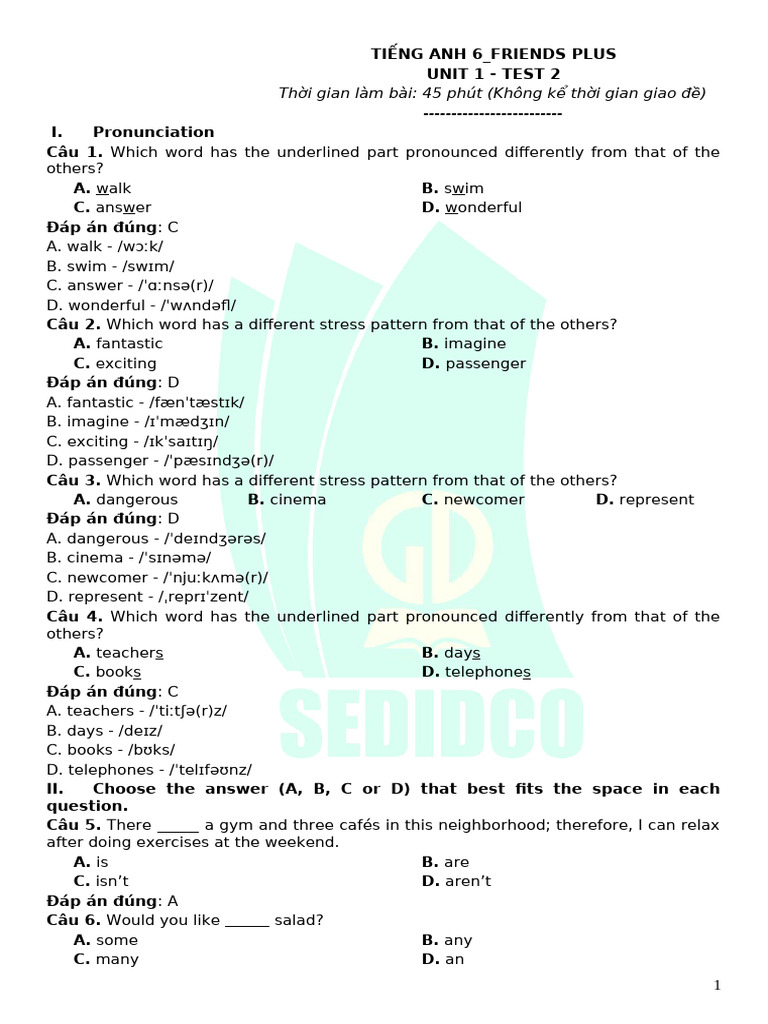 English Test for Grade 6 - Unit 1 | PDF
