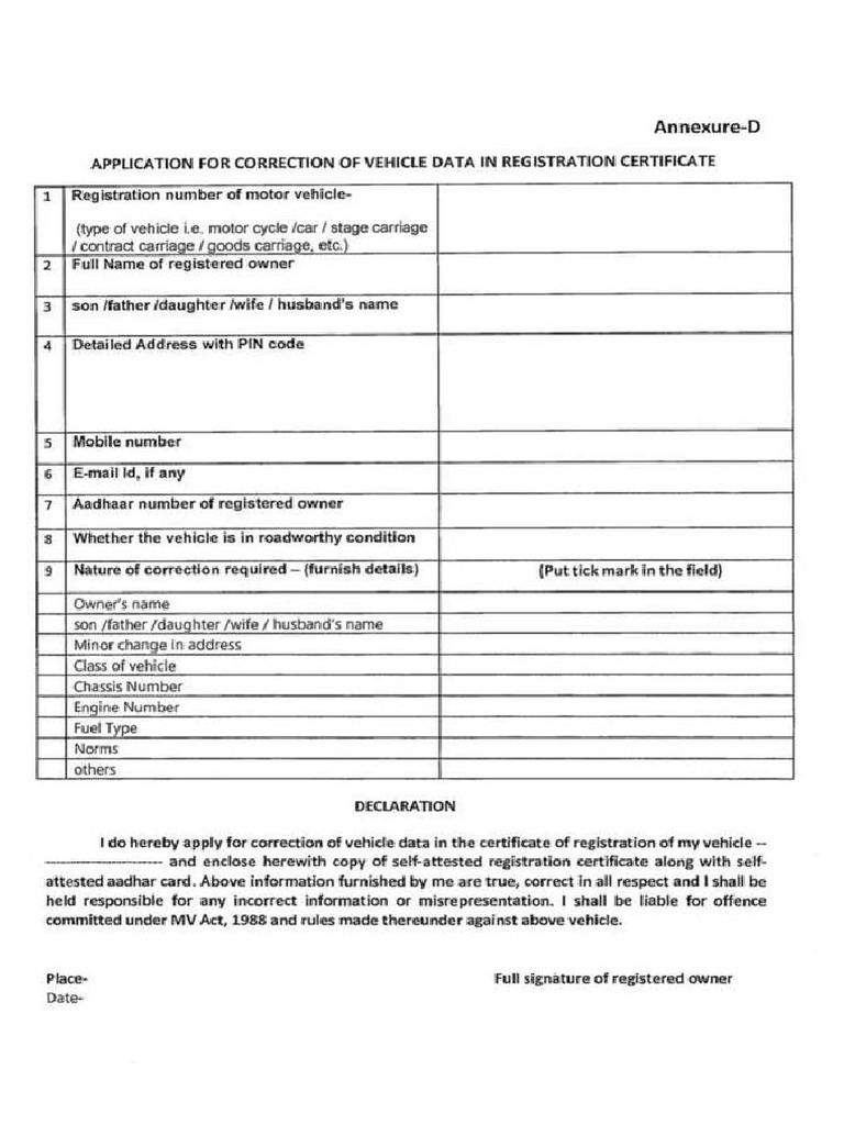 Annexure - D For Vehicle Data Modification Request | PDF