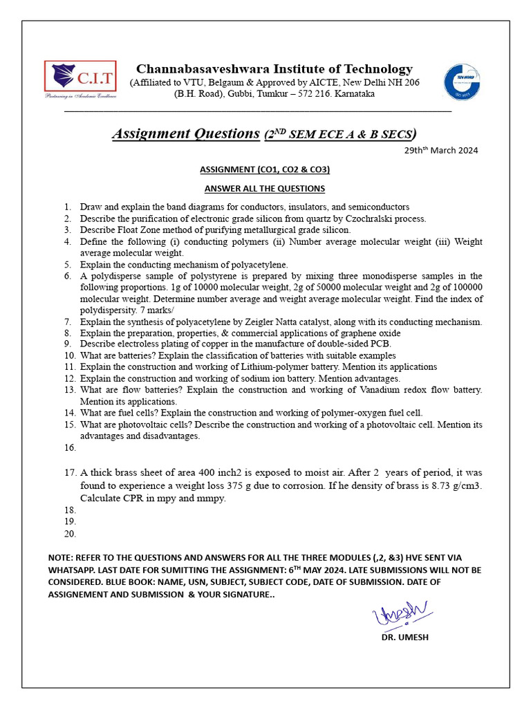 ECE 2nd Sem Assignment Questions | PDF | Corrosion | Electrochemistry