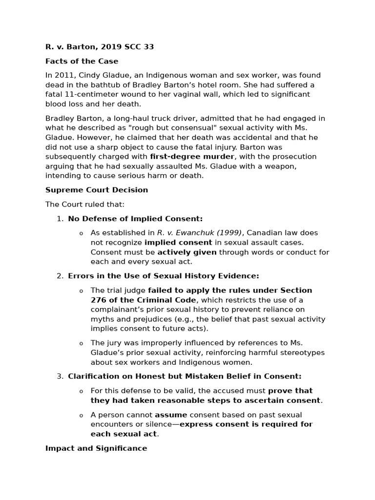R. v. Barton: Consent and Legal Precedents | PDF | Sexual Assault ...