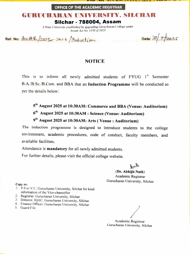 Induction Program for New Students | PDF