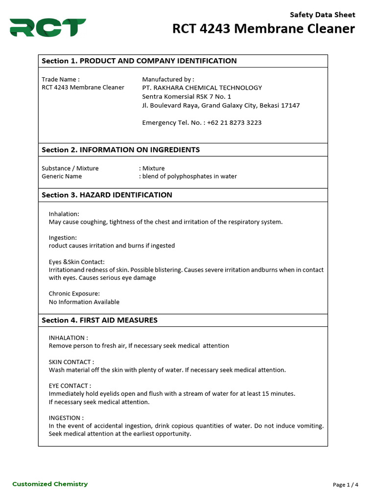 RCT 4243 Membrane Cleaner Safety Data Sheet | PDF | Occupational Safety ...