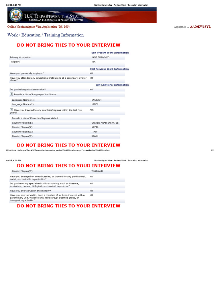 DS-160 Visa Application Overview | PDF