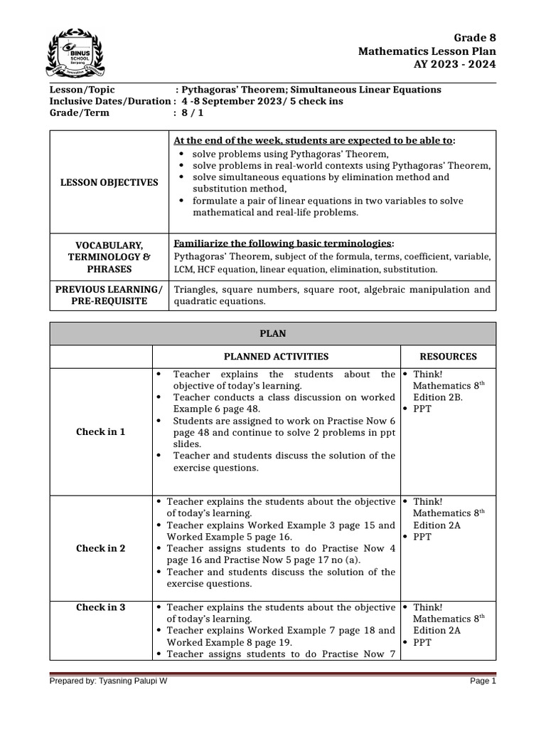 Grade 8 Math Lesson Plan: Key Concepts | PDF | Equations | Mathematics