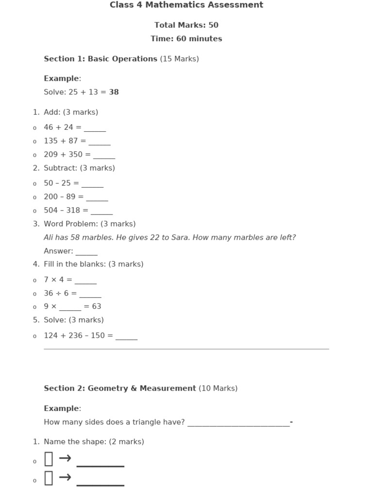 Class 4 Maths Assessment Paper | PDF