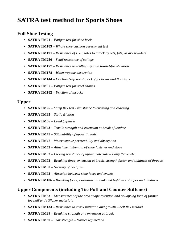 SATRA Testing Methods for Sports Shoes | PDF | Shoe | Physical Sciences