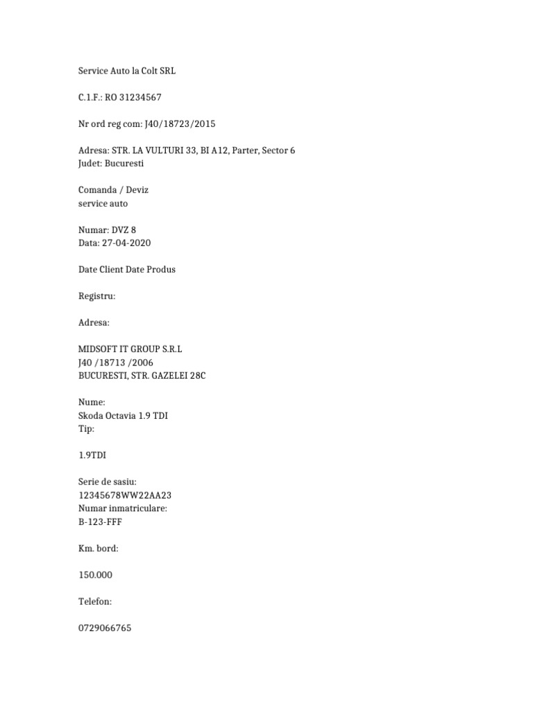 Deviz Service Auto en | PDF