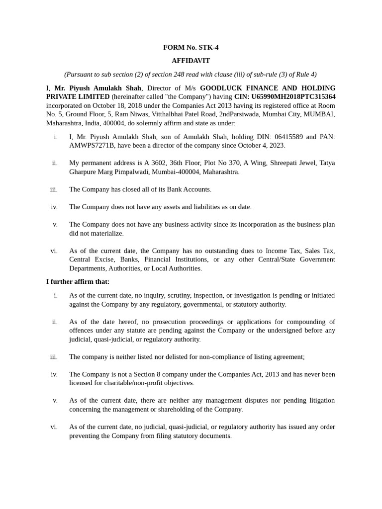 STK-4 Affidavit for Company Strike-Off | PDF | Common Law | Justice