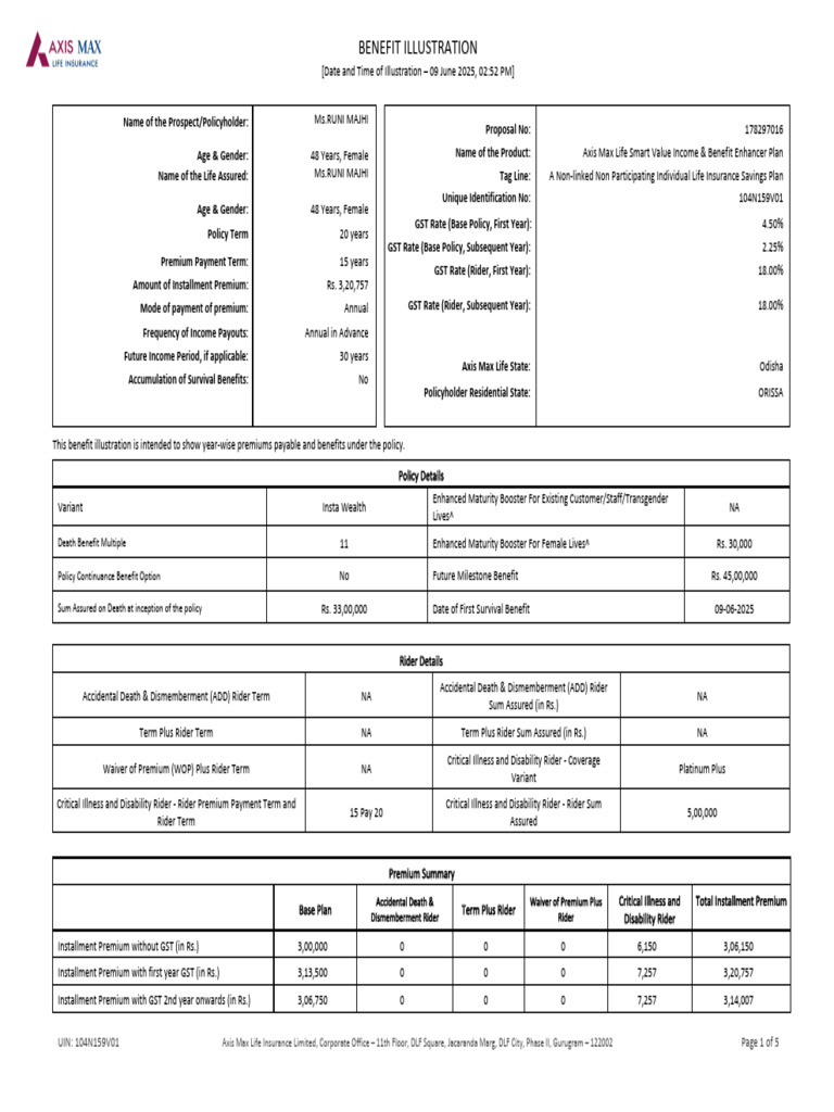 Axis Max Life Insurance Benefit Illustration | PDF | Insurance | Life ...