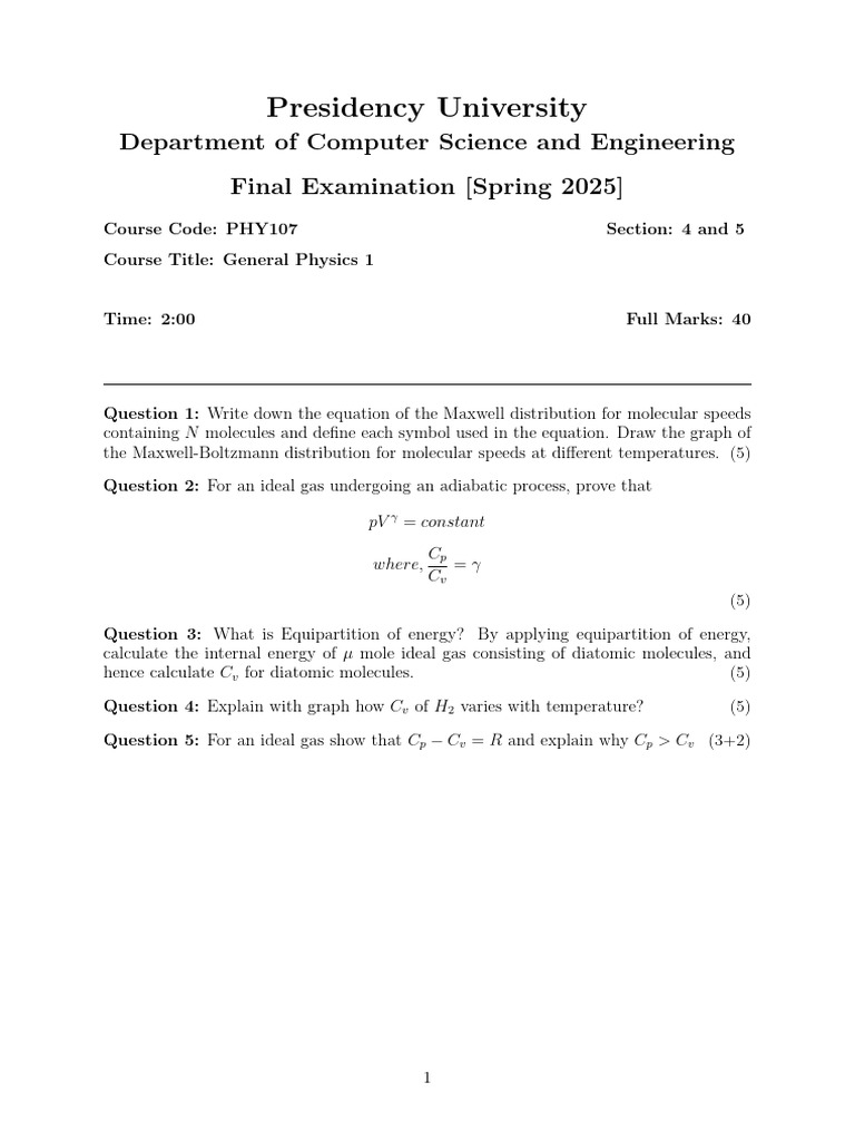Final Exam Questions 4 and 5 | PDF | Gases | Thermodynamics