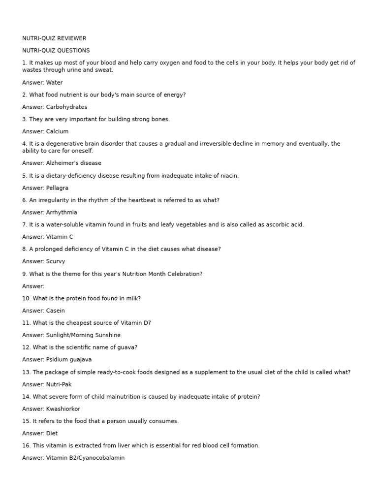 Essential Nutrition Quiz Questions | PDF | Vitamin | Foods