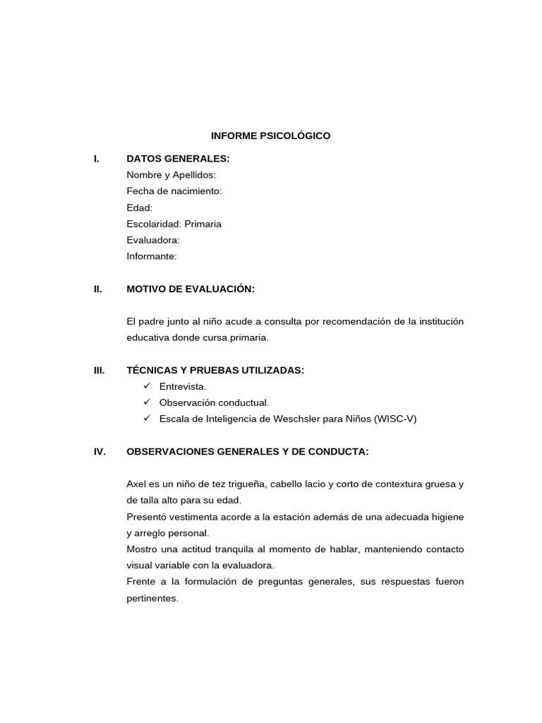 Informe Psicológico de Evaluación Infantil | PDF | Memoria | Cociente ...