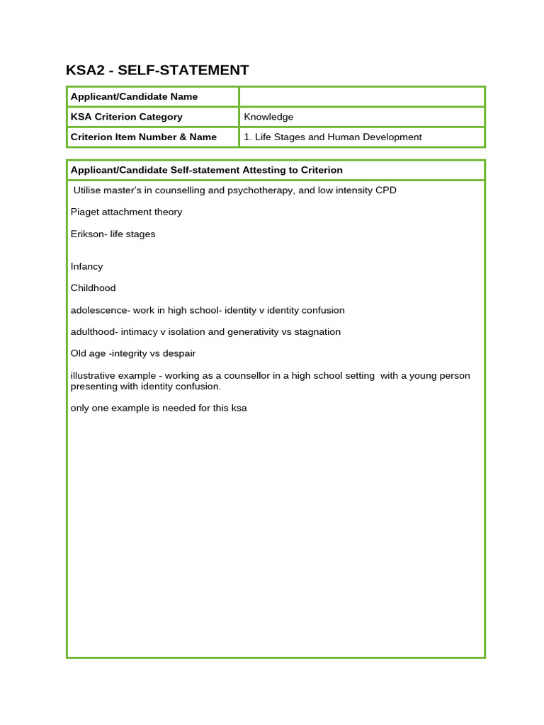 KSA2 Self-Statement on Human Development | PDF