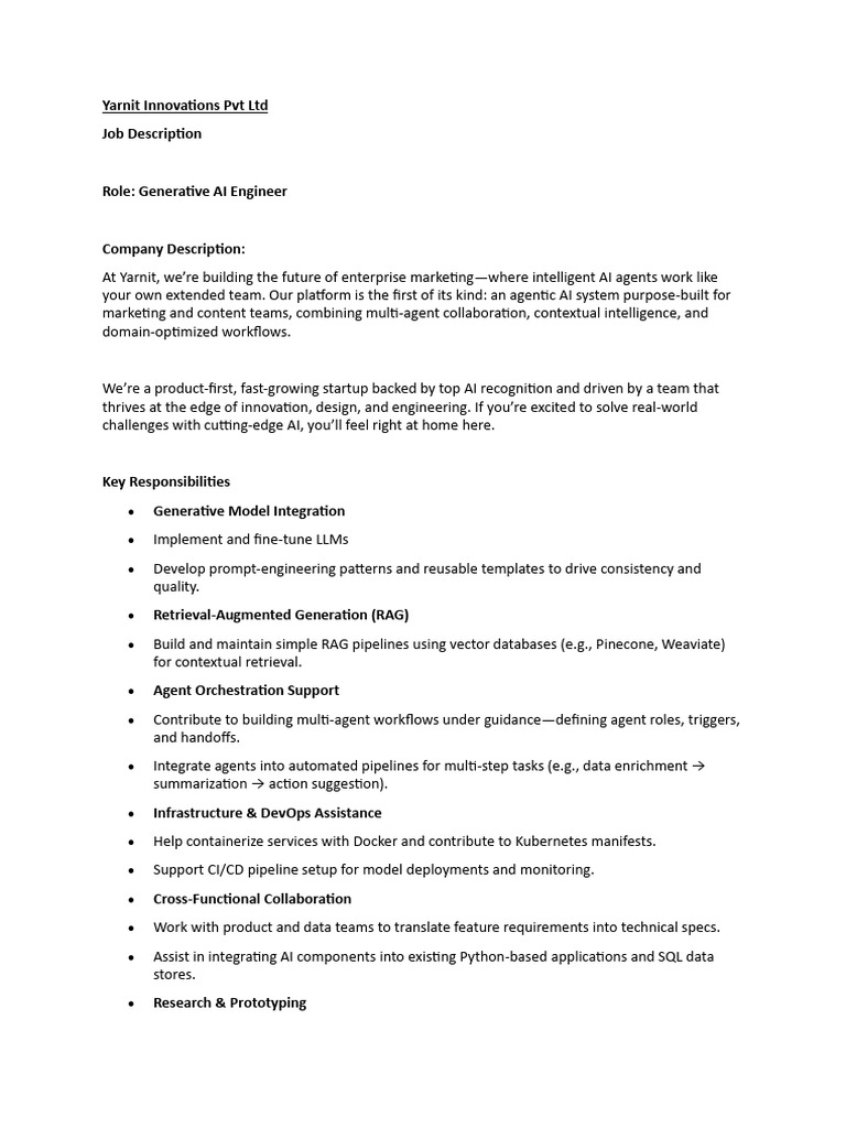 Generative AI Engineer at Yarnit Innovations | PDF | Artificial ...