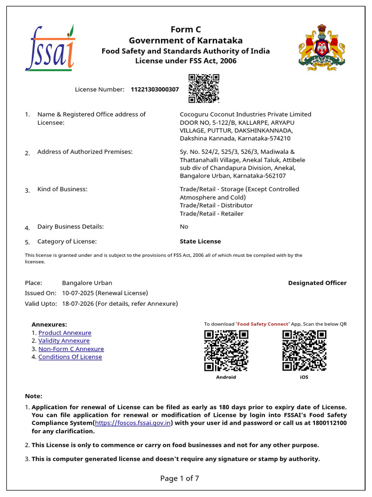Karnataka FSSAI License Form C Details | PDF | Cooking Oil | Vegetable Oil