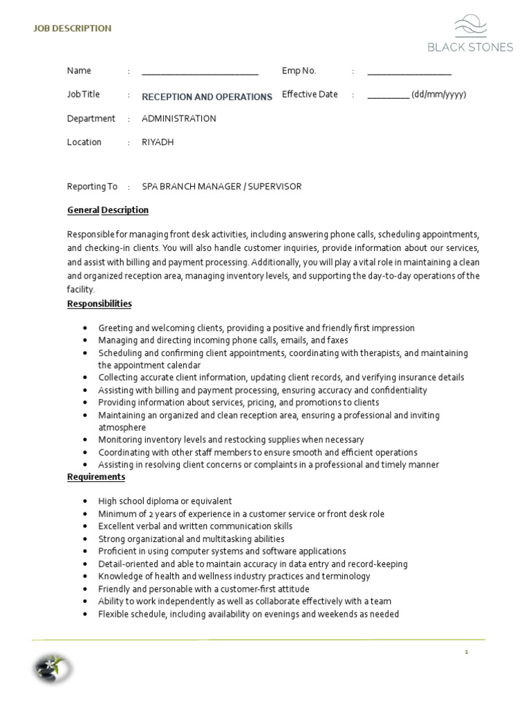 Reception and Operations Job Description | PDF | Computing | Business