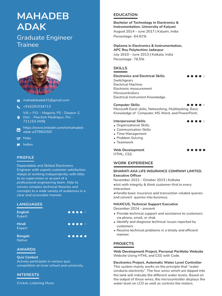 Mahadeb Adak Graduate Engineer Trainee Resume | PDF | Computing
