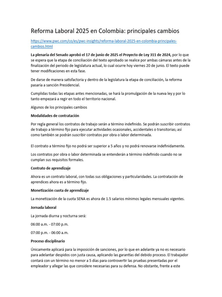 Cambios Clave Reforma Laboral 2025 Colombia | PDF | Derecho laboral ...