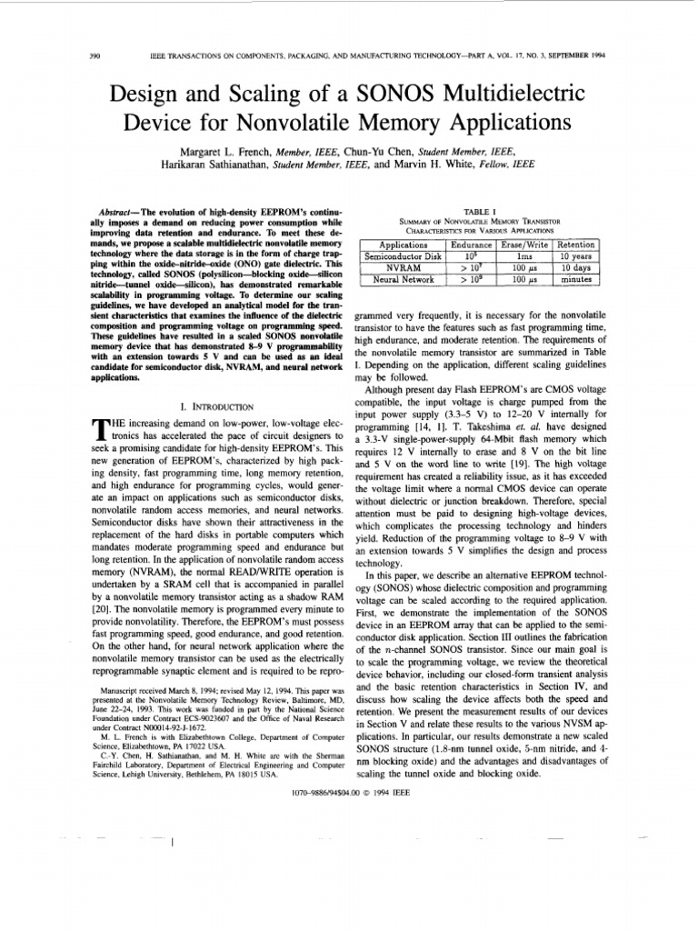 Design and Scaling of A SONOS Multidielectric Device Nonvolatile Memory ...