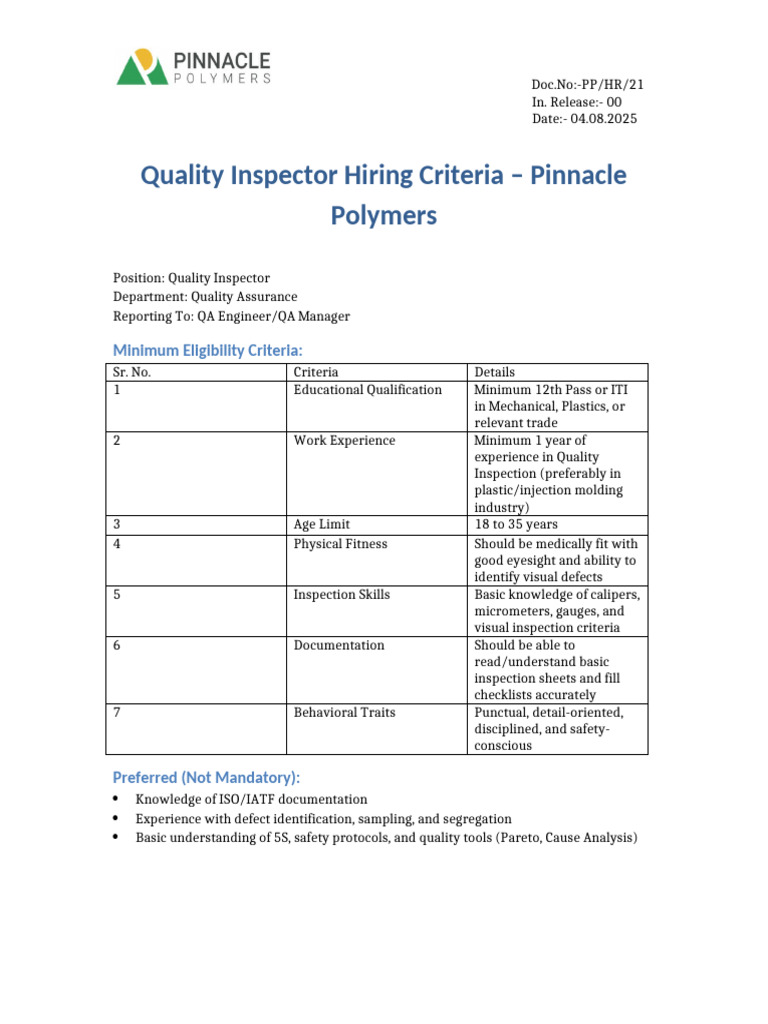 Quality Inspector Hiring Criteria Guide | PDF