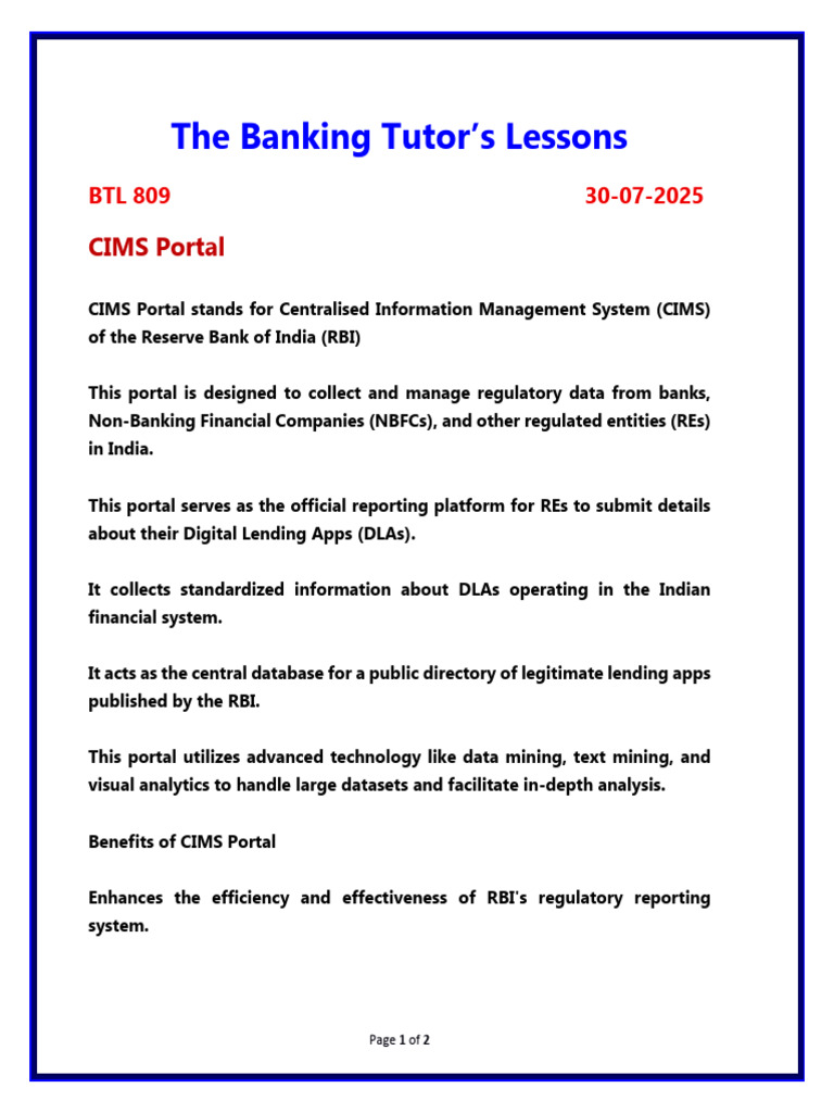 Overview of RBI's CIMS Portal | PDF