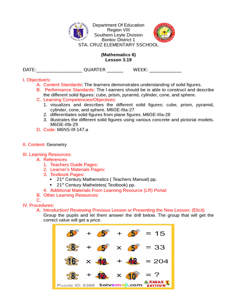 Solid Figures Lesson Plan for Grade 6 | PDF | Learning