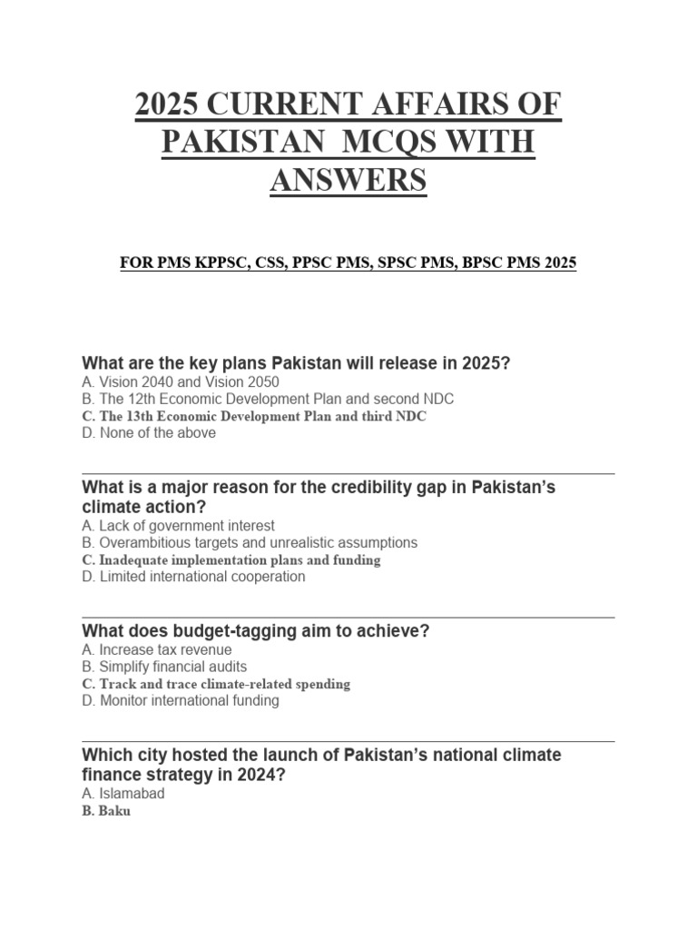Pakistan Current Affairs MCQs 2025 | PDF | Pakistan | Parliament Of ...