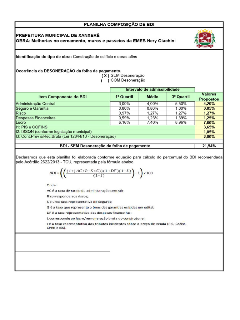 Cálculo do BDI em Construção Civil | PDF
