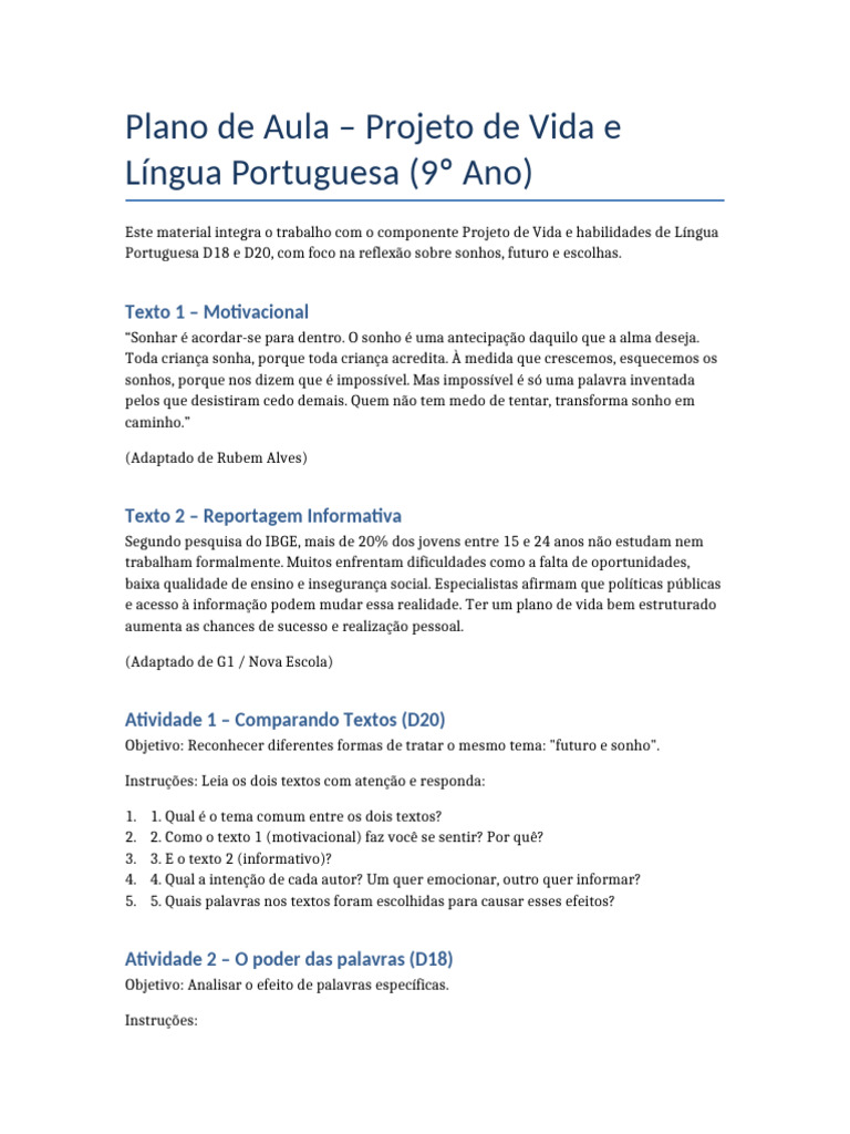 Plano de Aula: Projeto de Vida e Sonhos | PDF | Vida | Sonho