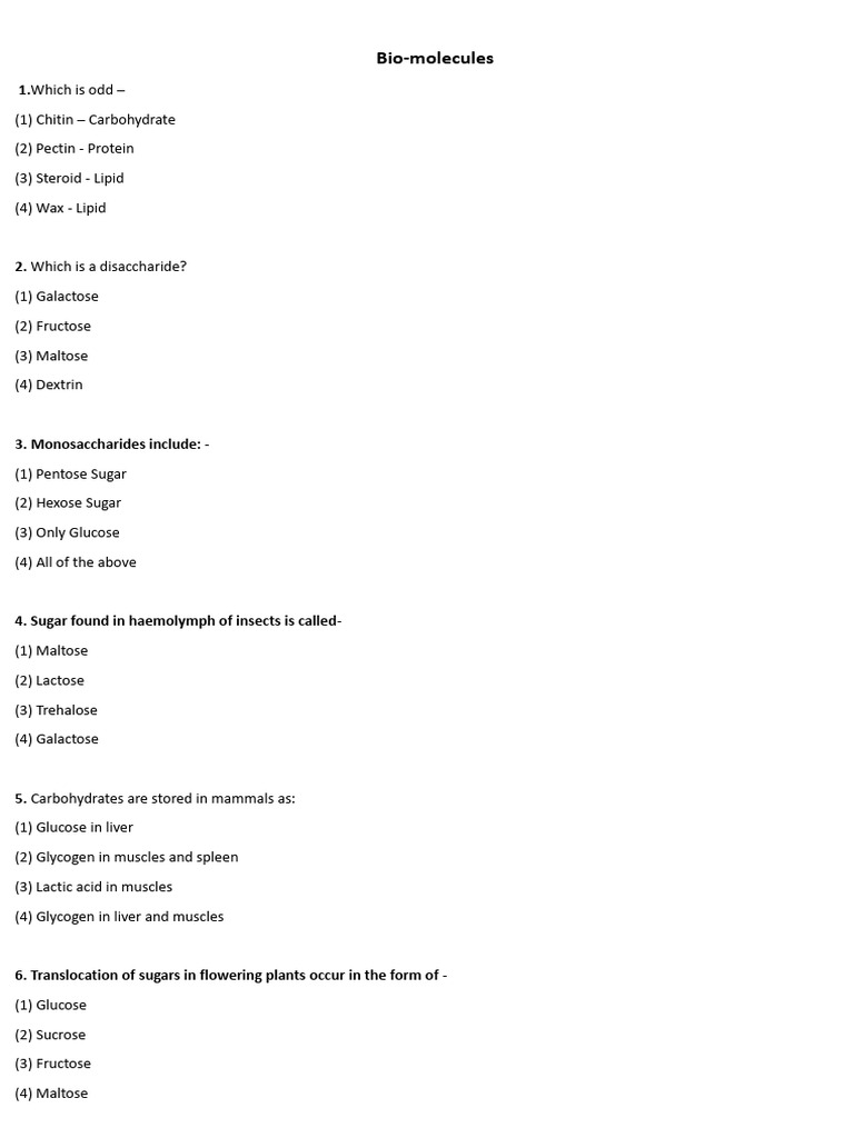 Biomolecules Worksheet - Mcq's | PDF | Carbohydrates | Glucose