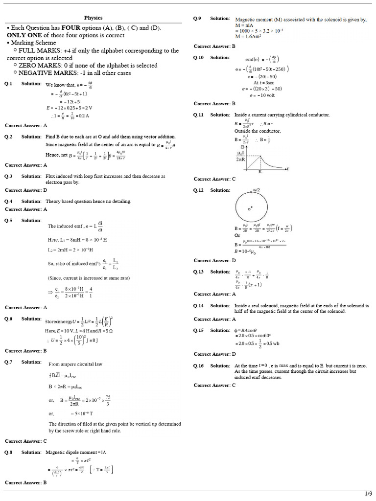 Physics MCQs with Solutions and Answers | PDF | Magnetic Field ...