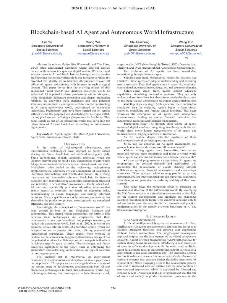 Yu Et Al (2024) Blockchain-Based AI Agent and Autonomous World ...