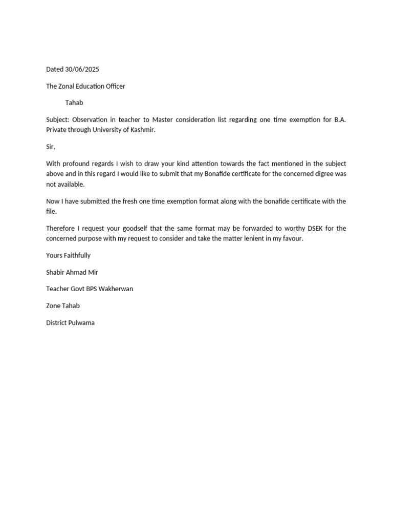 One Time Exemption Request for B.A. | PDF