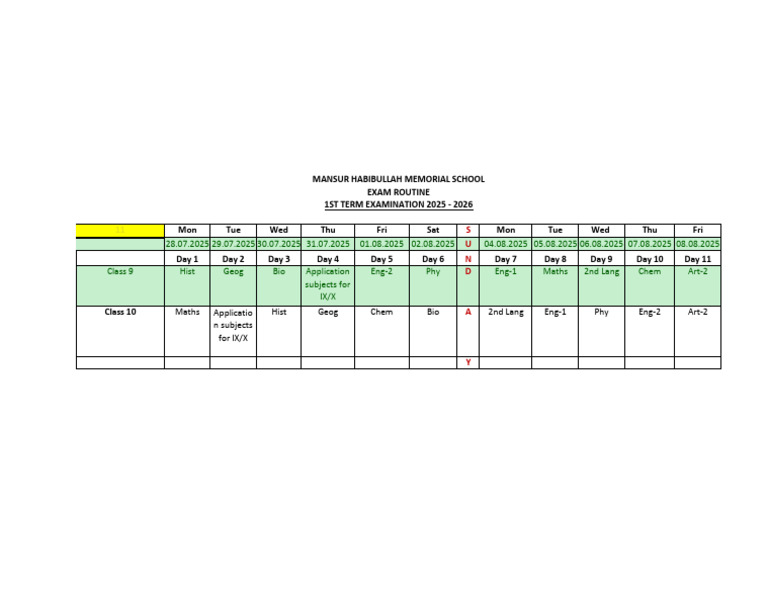 Class 9 to 10 Exam Routine 1st Term 2025 - 26 | PDF