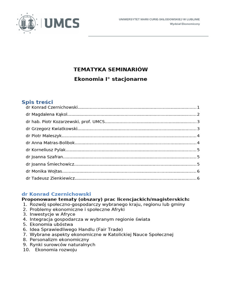 Ekonomia Pierwszy Stopien Stacjonarne | PDF
